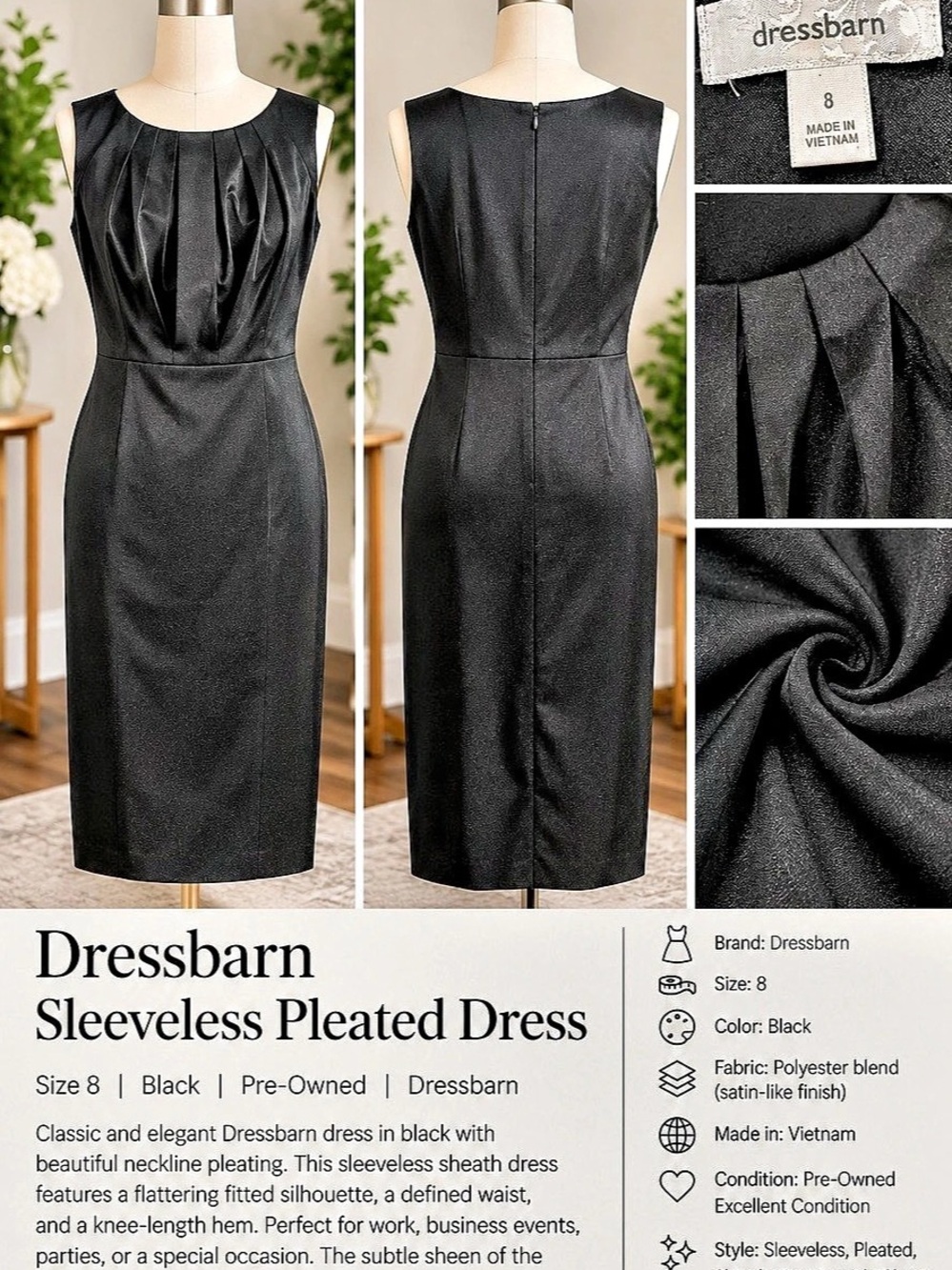 Dressbarn Black Pleated Midi Dress Size 8 Like New